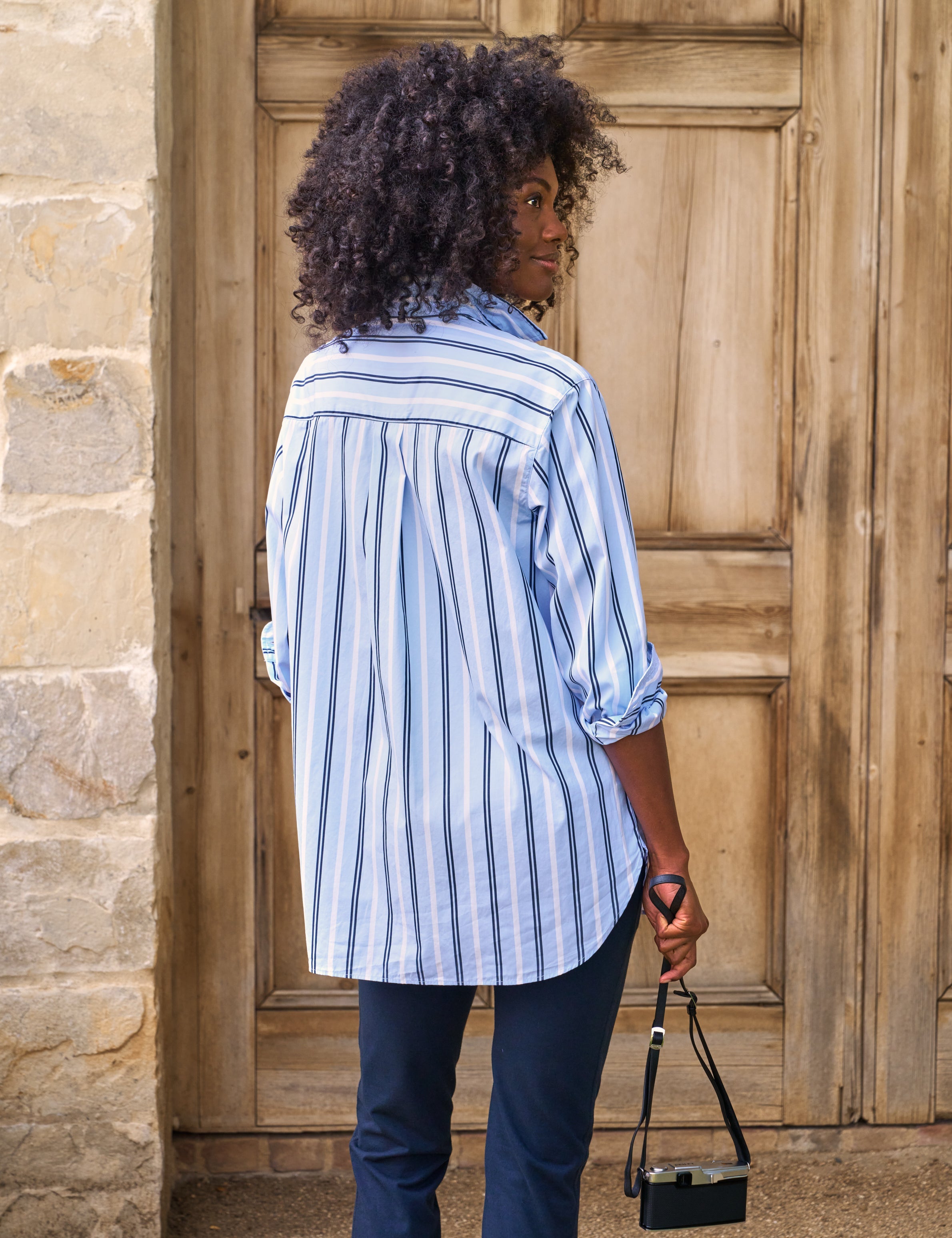 Joedy, Boyfriend Button-Up Shirt, Navy Blue Stripe – ReLoved by
