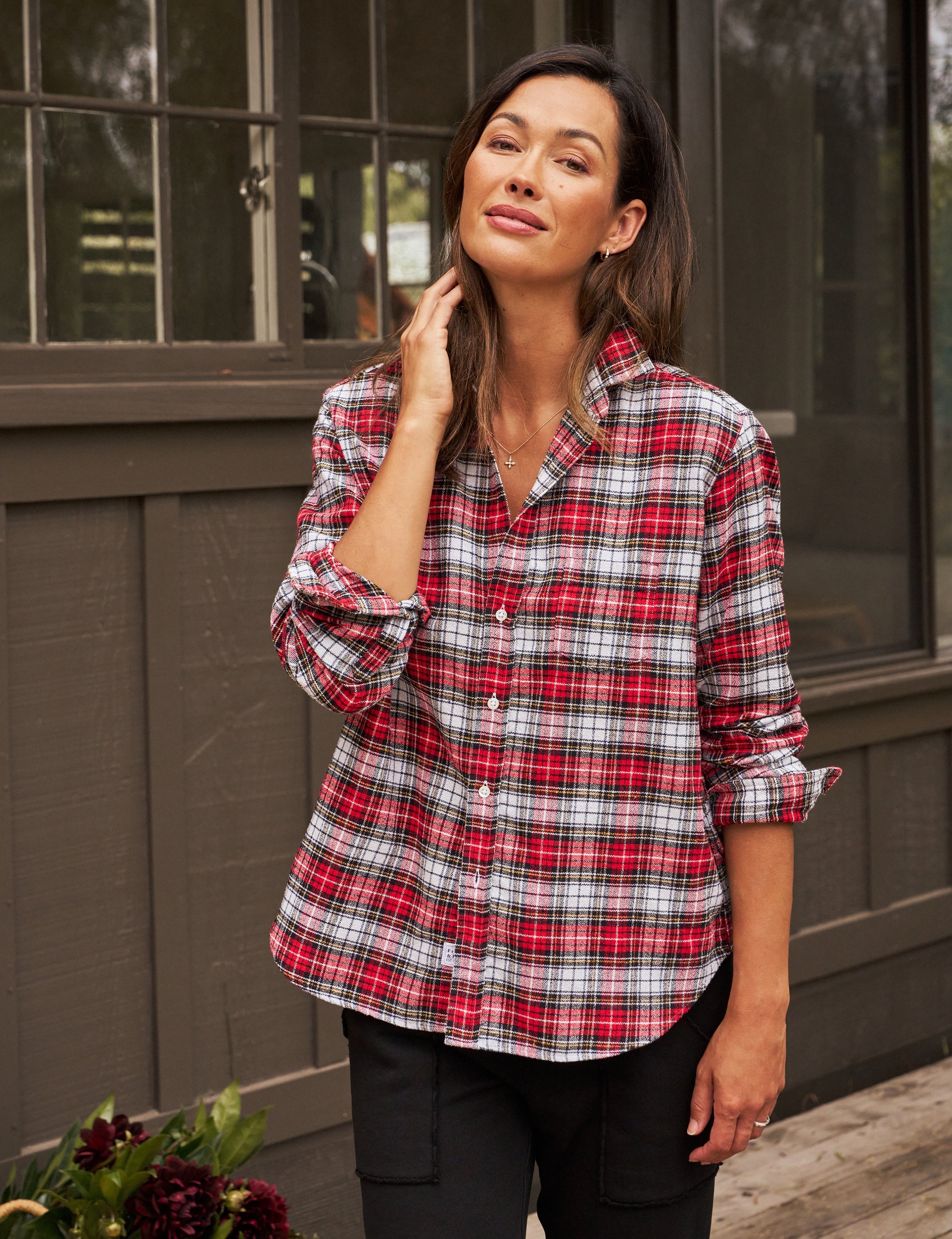 Eileen, Relaxed Button-Up Shirt, White and Black with Red Plaid