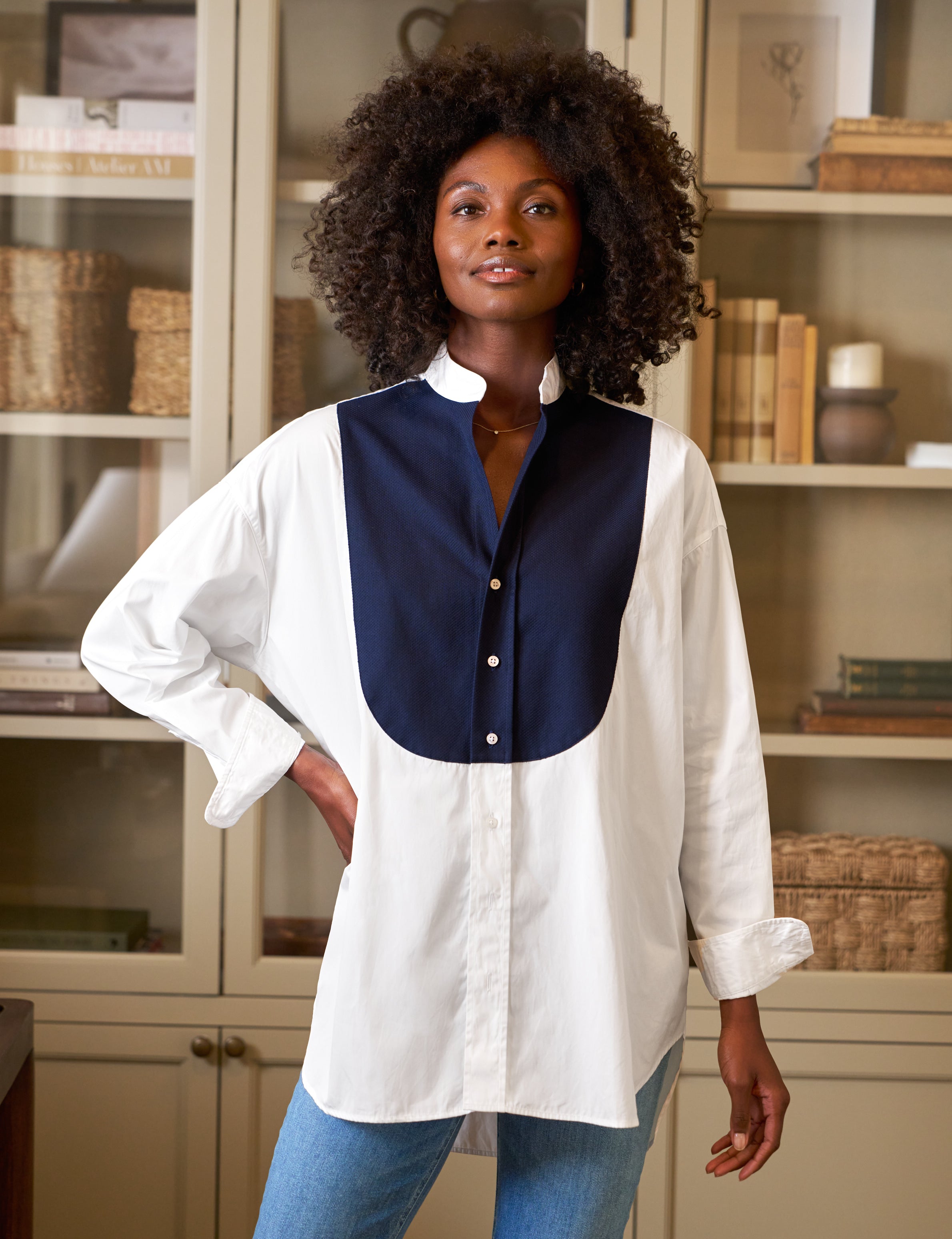 Victoria, Italian Tuxedo Shirt, White Navy Bib – ReLoved by Frank