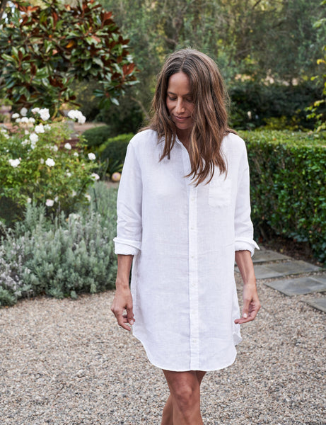 white linen shirt dress Cotton Midi with Button Front and Collar have addition to any wardrobe Peyton Three Quarter Sleeve Linen