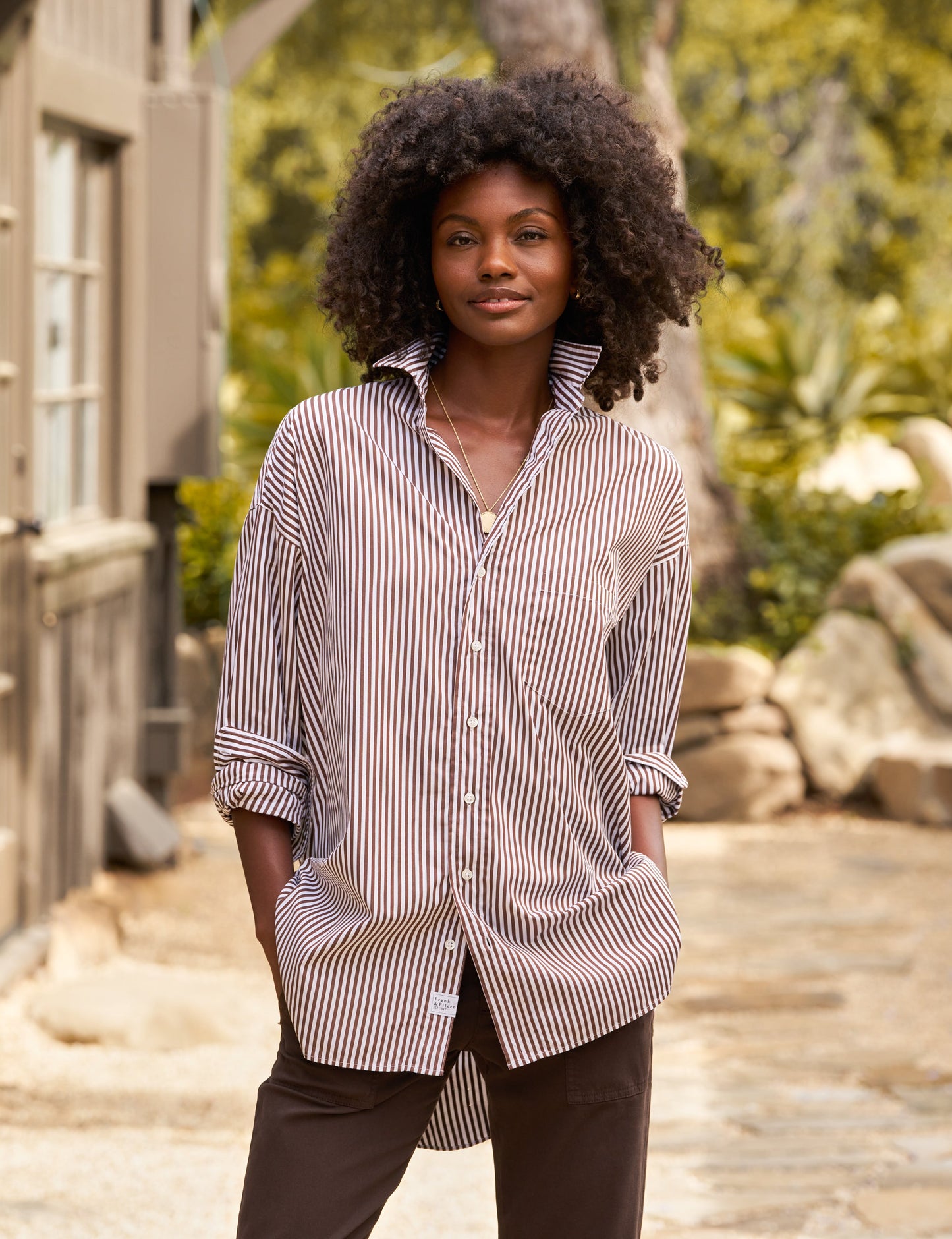brown dress shoes for men near me Shirley, Oversized Button-Up Shirt, Brown Stripe – ReLoved by Frank & Eileen